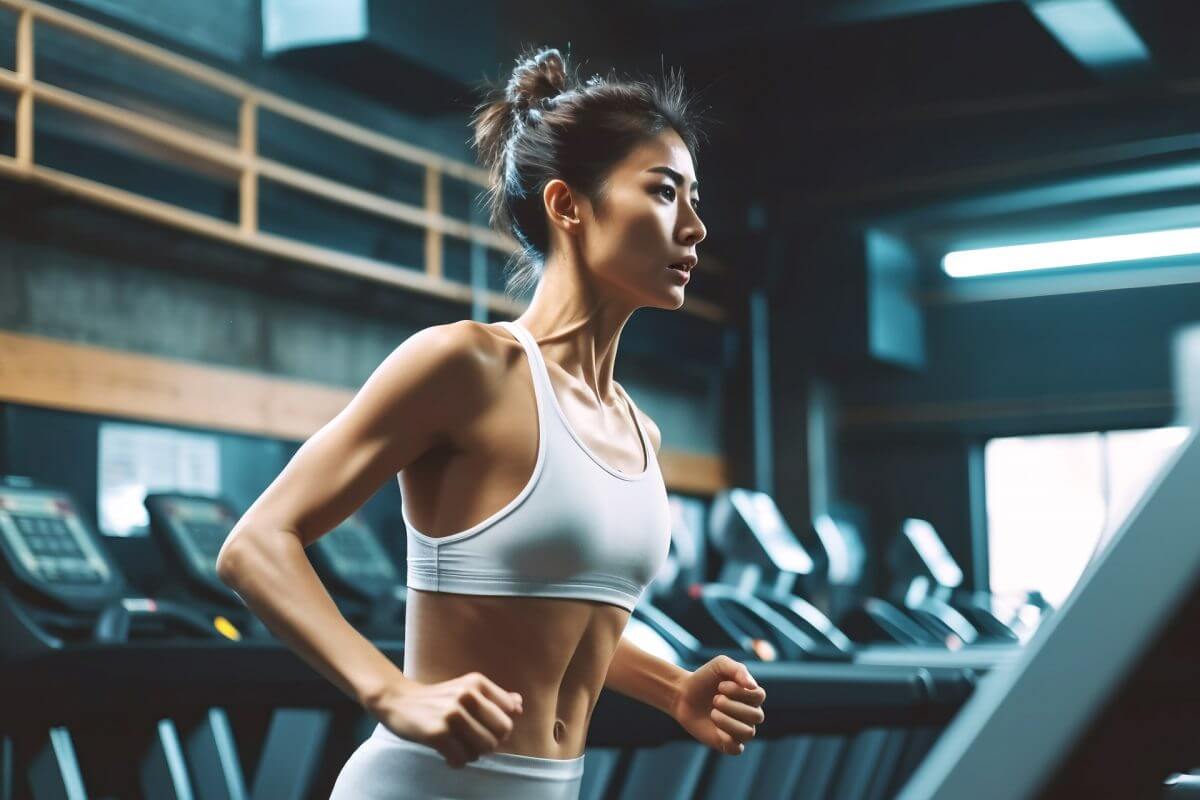 ジムで有酸素運動をする女性