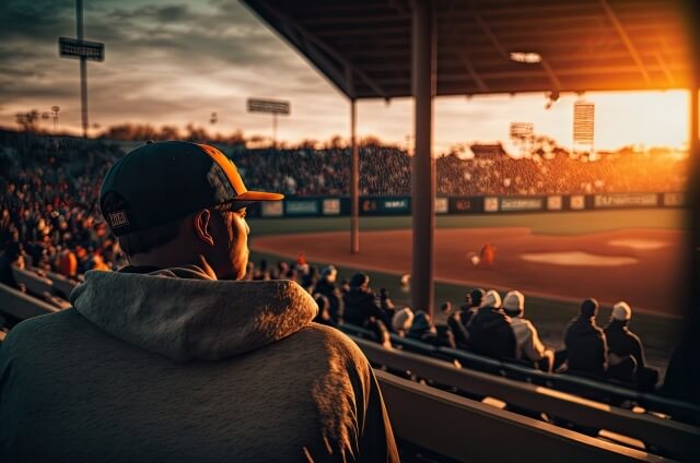夕暮れの球場で野球を見る人