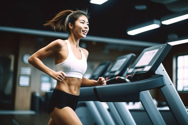 ランニングマシーンで走る若い日本人女性